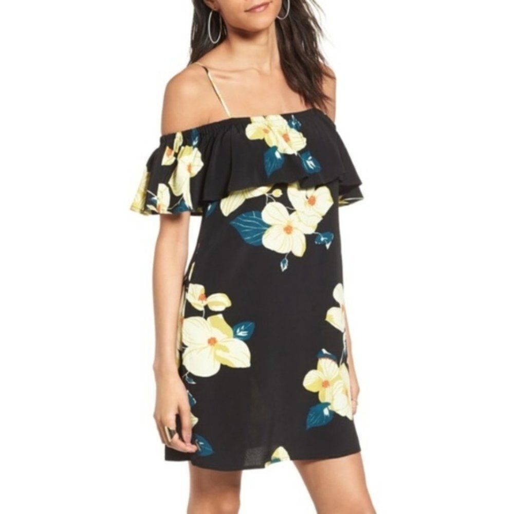 Bp ruffle Cold Shoulder Dress Floral Black XXS